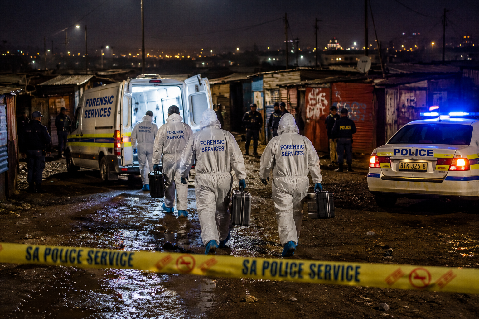 Forensic investigators and police officers examine the Johannesburg Shooting crime scene at an informal settlement in South Africa.