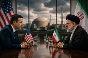 US and Iran officials engaged in high-level diplomatic discussions during Iran Nuclear Talks with nuclear facility visible in the background