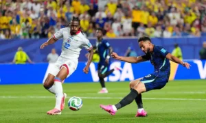 Matheus Cunha in action for Brazil during the World Cup match against Haiti in Group C