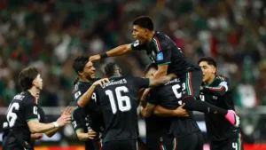 Mexico players celebrate after securing Mexico Knockout Qualification with a victory over South Korea at FIFA World Cup 2026