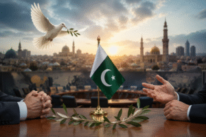 Diplomatic meeting representing Middle East Peace efforts as Pakistan urges dialogue, restraint, and regional stability amid rising tensions.