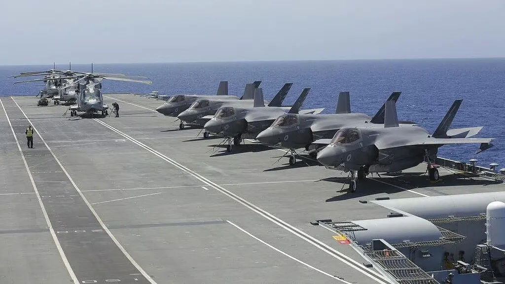 F-35 fighter jets and military helicopters stationed on an aircraft carrier amid discussions on NATO Defense Cuts