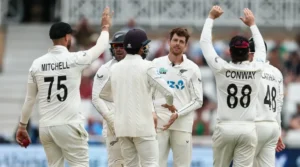 New Zealand players celebrate a wicket during the New Zealand England Test series at Trent Bridge as the Black Caps sealed a historic series victory.