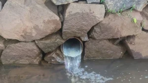 Wastewater flowing from a drainage pipe during the New Zealand sewage flood incident in Wellington.