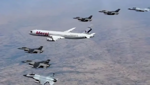 PAF Escort featuring JF-17 Thunder and F-16 fighter jets accompanying Iranian President Masoud Pezeshkian's aircraft over Pakistan.