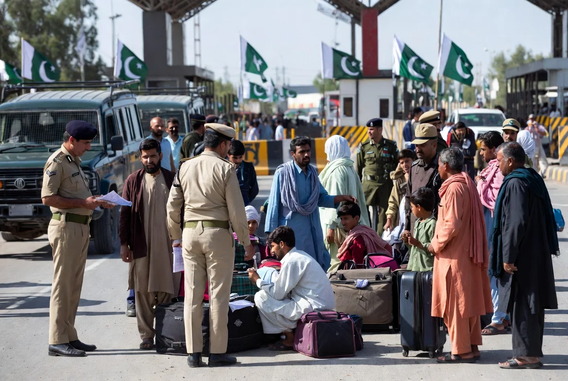 Pakistani police and law enforcement officers conducting document checks on Afghan nationals with luggage during the Pakistan Afghan nationals crackdown and deportation drive.