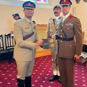 Pakistan Military Academy team receives awards after winning the International Pace Sticking Competition 2026 at Royal Military Academy Sandhurst, United Kingdom.