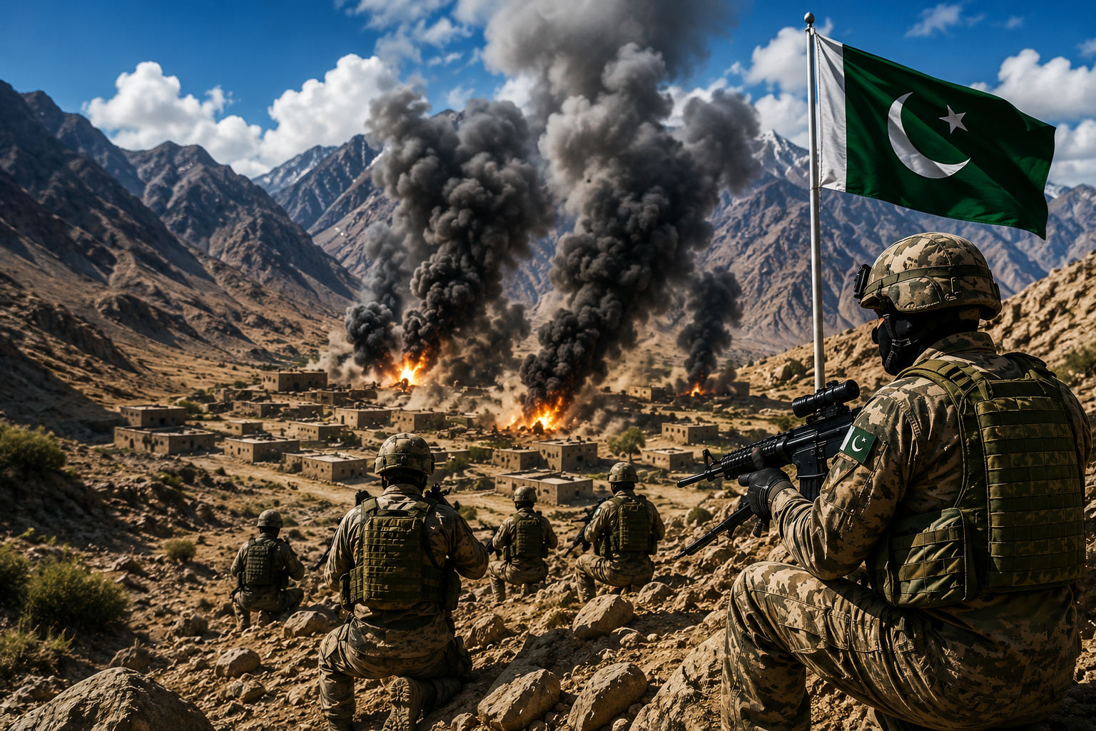 Pakistan Border Strikes showing security forces monitoring targeted operations near the Afghanistan border with smoke rising from militant hideouts.