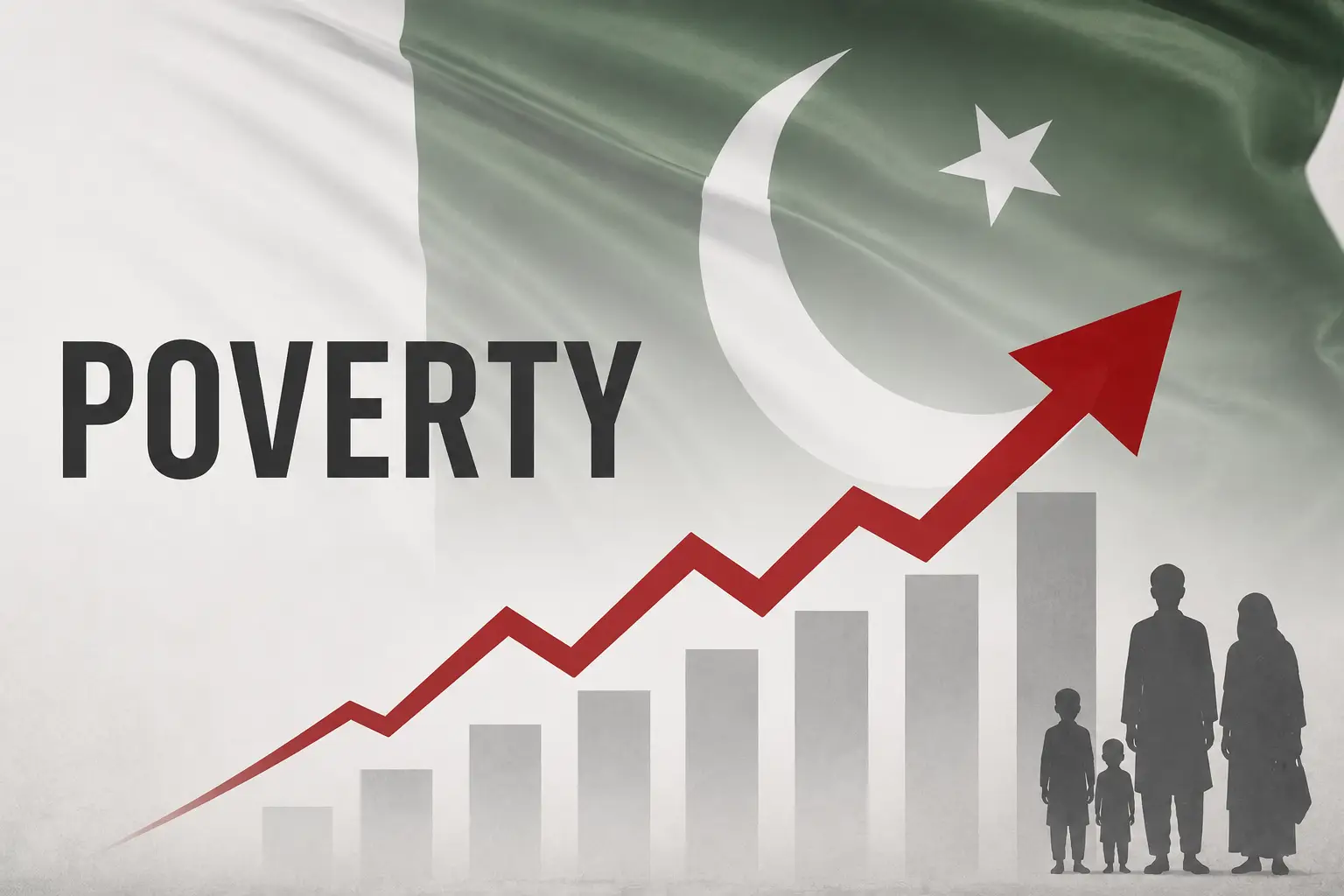 Pakistan flag with rising poverty graph and family silhouettes representing increasing Pakistan Poverty and declining education spending.