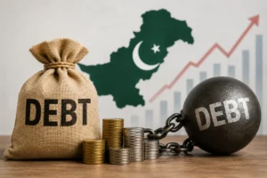 Pakistan Public Debt concept showing rising national debt burden with coins, debt sack and economic pressure
