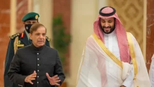 Prime Minister Shehbaz Sharif meeting Saudi Crown Prince Mohammed bin Salman during discussions on the Pakistan Saudi Economic Package