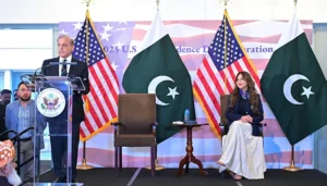 Prime Minister Shehbaz Sharif addressing a ceremony in Islamabad highlighting Pakistan US Ties during the US 250th anniversary celebration
