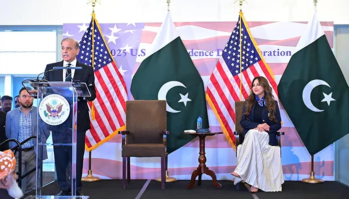 Prime Minister Shehbaz Sharif addressing a ceremony in Islamabad highlighting Pakistan US Ties during the US 250th anniversary celebration