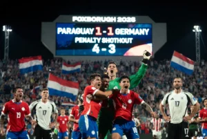 Paraguay players celebrate historic penalty shootout win over Germany to reach World Cup 2026 Round of 16