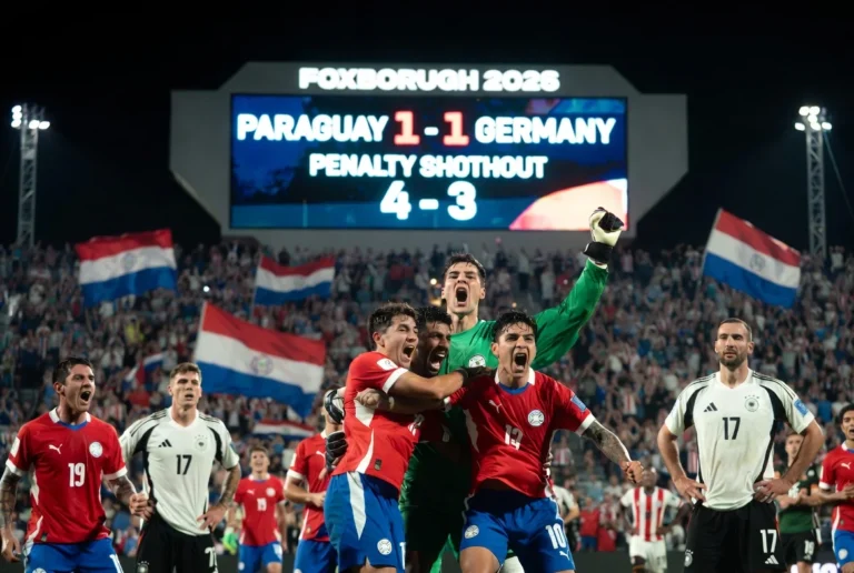 Paraguay players celebrate historic penalty shootout win over Germany to reach World Cup 2026 Round of 16