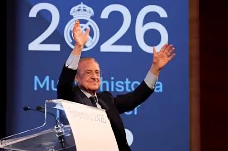 Florentino Perez celebrating after winning the Perez Real Madrid presidential election and securing another term.