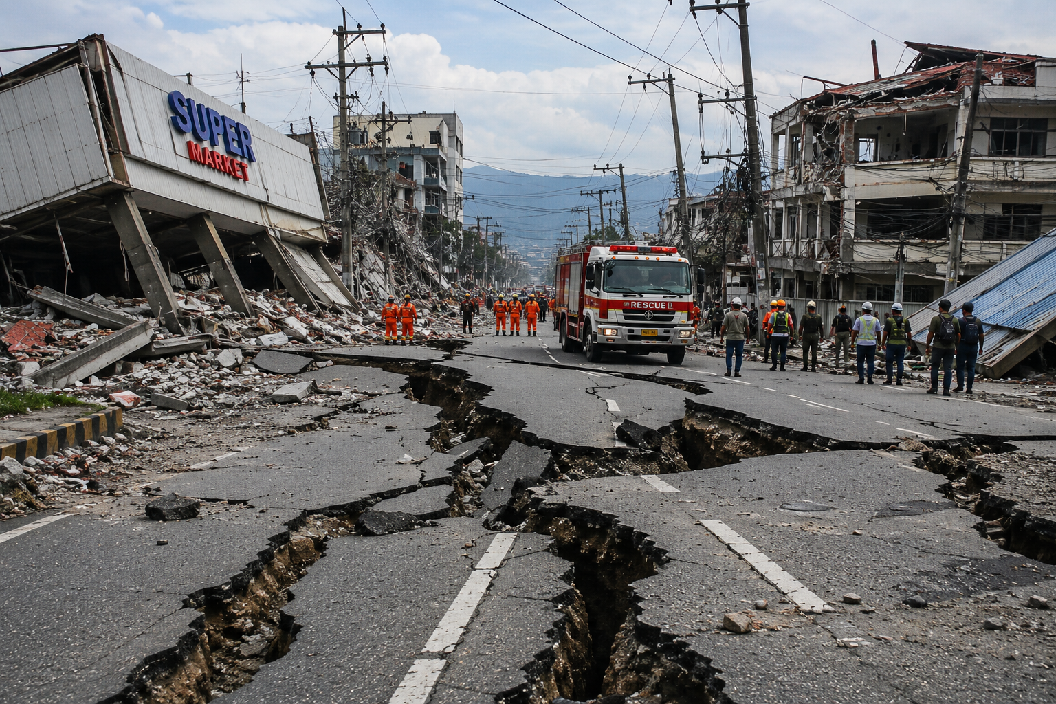Rescue teams responding after the Philippines Earthquake caused severe road damage, collapsed buildings, and widespread destruction in Mindanao.