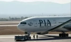 Pakistan International Airlines aircraft on the runway during the PIA Privatisation process in Pakistan.