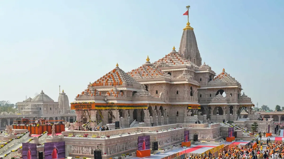 Ram Mandir temple in Ayodhya during a public gathering amid the Ram Mandir Probe investigation