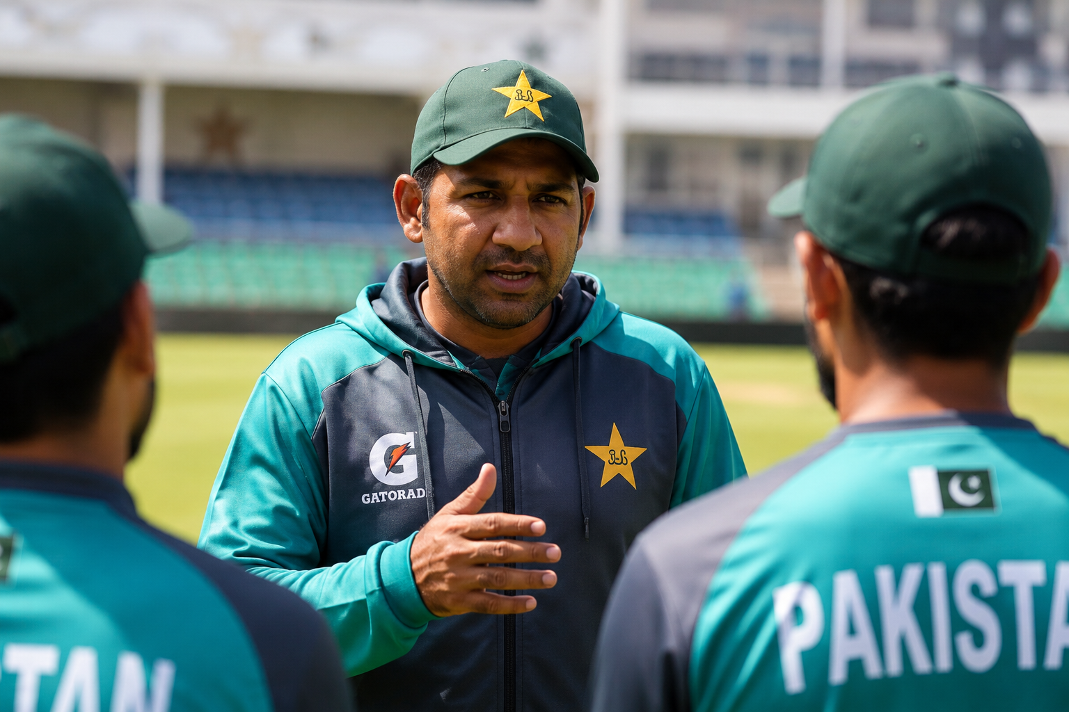 Sarfaraz Coach addressing Pakistan Test team players during a training session ahead of the West Indies and England tours.