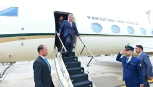 Prime Minister Shehbaz Sharif disembarking from Pakistan Air Force aircraft for Shehbaz Iran Visit