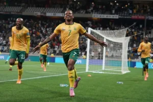 South Africa national football team celebrates a goal during a match ahead of the 2026 FIFA World Cup amid South Africa Visa travel delays.