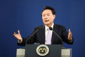Former South Korean President Yoon Suk Yeol speaks during a public address amid the South Korea Drone Case controversy.