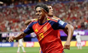 Lamine Yamal celebrates after scoring for Spain during the Spain Saudi Win in the FIFA World Cup 2026 Group H match against Saudi Arabia.