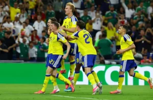 Sweden players celebrate during the Sweden vs Tunisia FIFA World Cup 2026 Group F match after securing a dominant 5-1 victory.