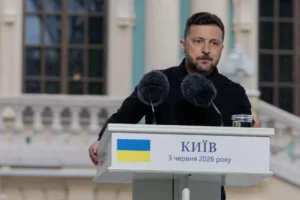Ukrainian President Volodymyr Zelenskiy speaking during a public address about Ukraine peace talks and diplomatic efforts to end the war.