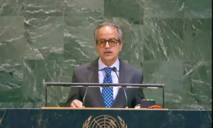Ambassador Asim Iftikhar Ahmad addresses the United Nations, advocating UN Mediation and peaceful conflict resolution.