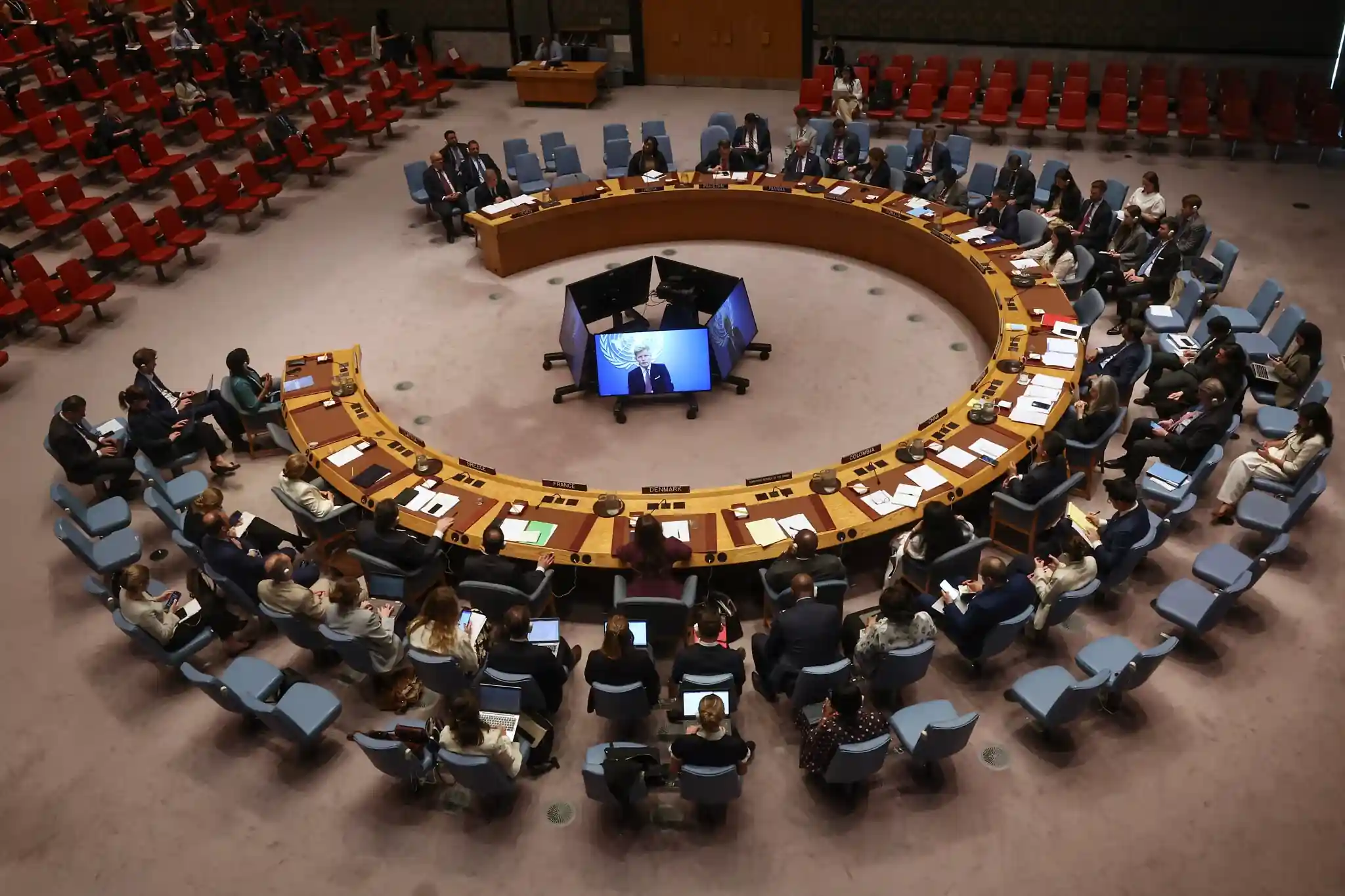 Delegates attend a UN Security Council meeting during the election of new non permanent members at United Nations headquarters.