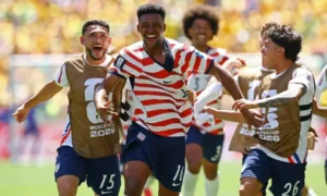 USA players celebrate after defeating Australia in the USA Australia Match during the FIFA World Cup 2026 Group D match in Seattle.