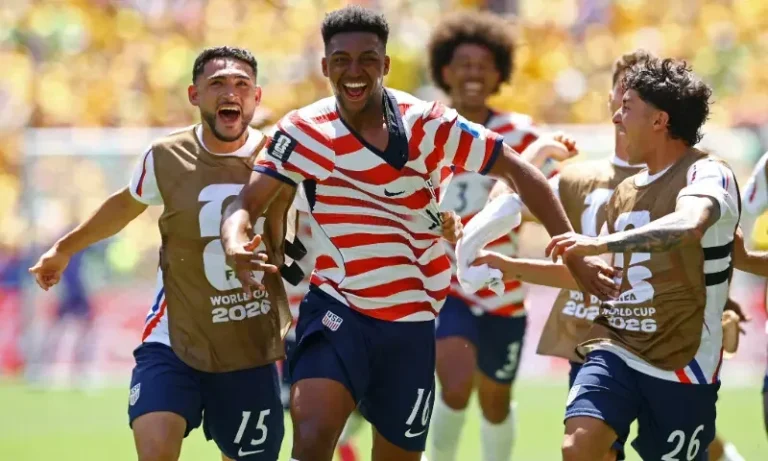 USA players celebrate after defeating Australia in the USA Australia Match during the FIFA World Cup 2026 Group D match in Seattle.
