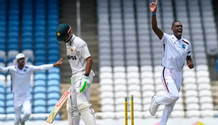 West Indies bowler celebrates as Pakistan batter walks away during the first Test, highlighting Abbas three wickets in Pakistan's push for victory.