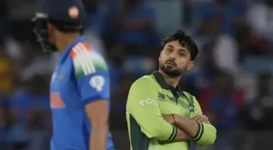 Abrar Ahmed bowls during a T20I match after rising to second in the ICC Men's T20I bowling rankings.