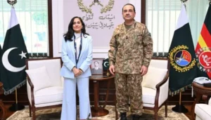 Canadian Foreign Minister Anita Anand poses with Chief of Defence Forces Field Marshal Asim Munir during her official visit to GHQ in Pakistan.