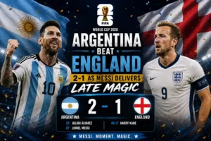 Lionel Messi celebrates as Argentina beat England 2 to 1 in the 2026 FIFA World Cup semifinal with Argentina England thriller.