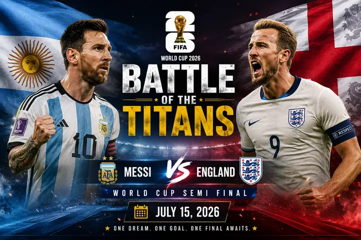 Argentina vs England World Cup 2026 Semi Final featuring Lionel Messi and Harry Kane before the FIFA World Cup 2026 semifinal.