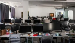 Computer workstations inside a suspected cyber scam compound featured in the UN report on Asia Scam networks.