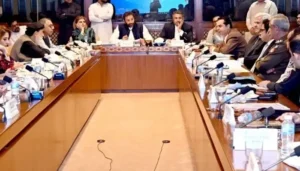Members of the Senate Standing Committee meet to discuss the Blue Passports bill for former parliamentarians in Islamabad.
