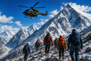 Rescue team and helicopter searching near Broad Peak after a deadly avalanche in Pakistan's Karakoram mountain range.