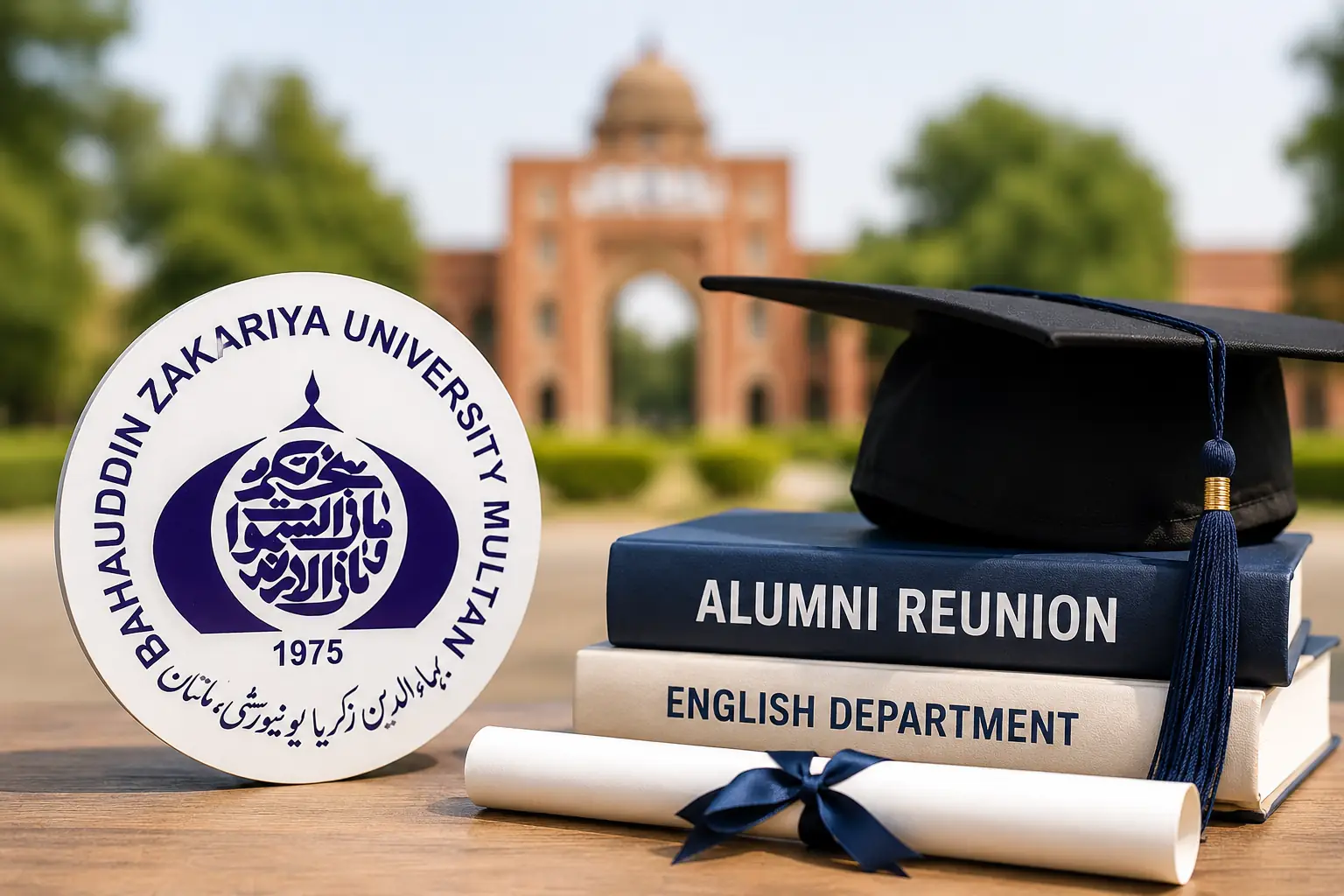 BZU Alumni Reunion logo with graduation cap, books and diploma representing the English Department alumni reunion at Bahauddin Zakariya University.
