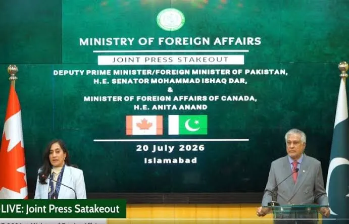 Canadian Foreign Minister Anita Anand and Deputy Prime Minister Ishaq Dar address a joint press conference in Islamabad during the Canada Pakistan Aid announcement.