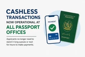 Citizens using the Cashless Passport payment system at a Pakistan passport office for faster digital transactions.
