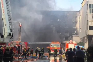 Firefighters battle a massive blaze at a shoe manufacturing plant during the China Factory Fire in Fujian Province.