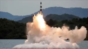 China missile test showing a strategic missile launched from a submarine during a military exercise in the Pacific Ocean.