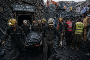 Rescue workers carrying victims during the coal mine collapse rescue operation in Balochistan after a deadly mining accident.