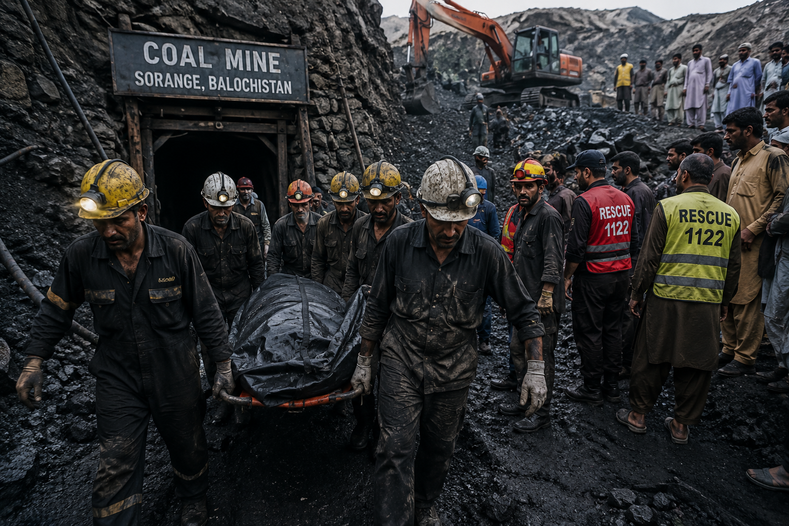 Rescue workers carrying victims during the coal mine collapse rescue operation in Balochistan after a deadly mining accident.