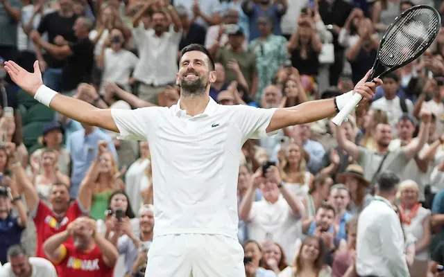 Djokovic Wimbledon celebration after defeating Felix Auger Aliassime to reach the Wimbledon 2026 semi final.